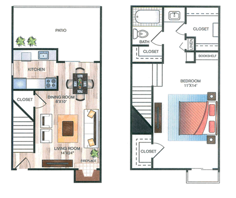 Floor plan for 1 bed, 1 bath, 874 sqft